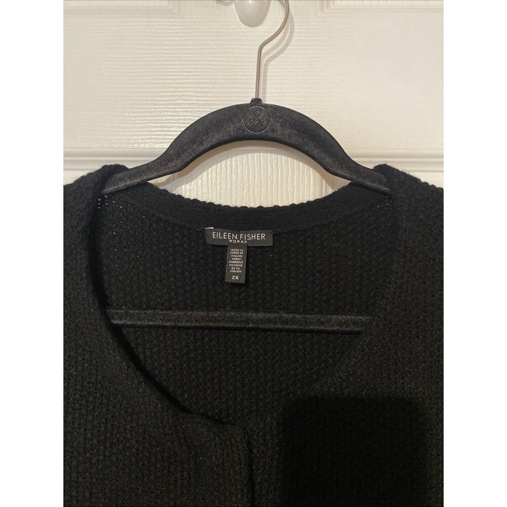 Eileen Fisher Black Full Zip Knit Yak Wool Leather Trim Sweater Size: 2X - Picture 3 of 9